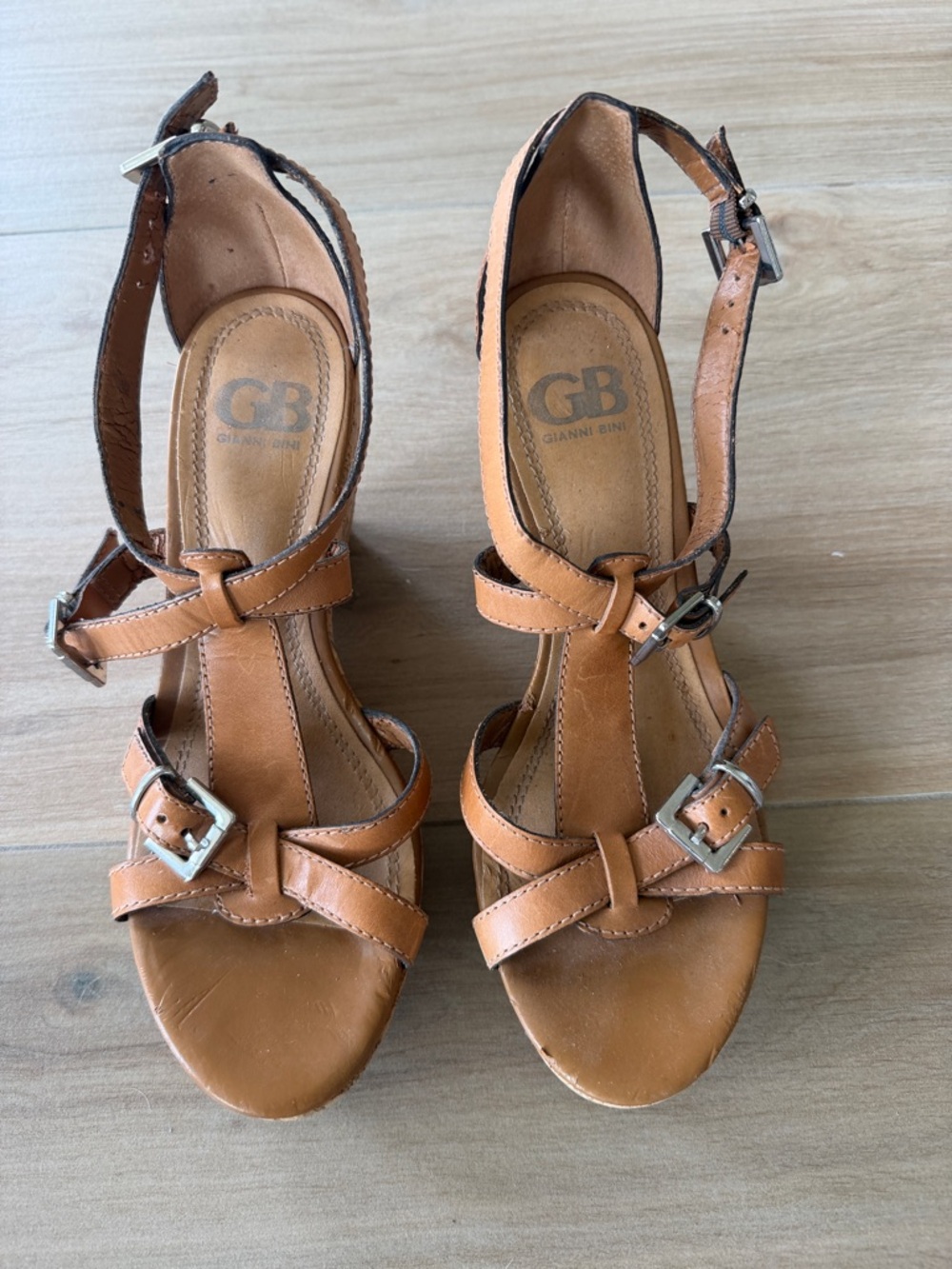 Gianni Bini Tan Leather Strappy Buckle Heels
